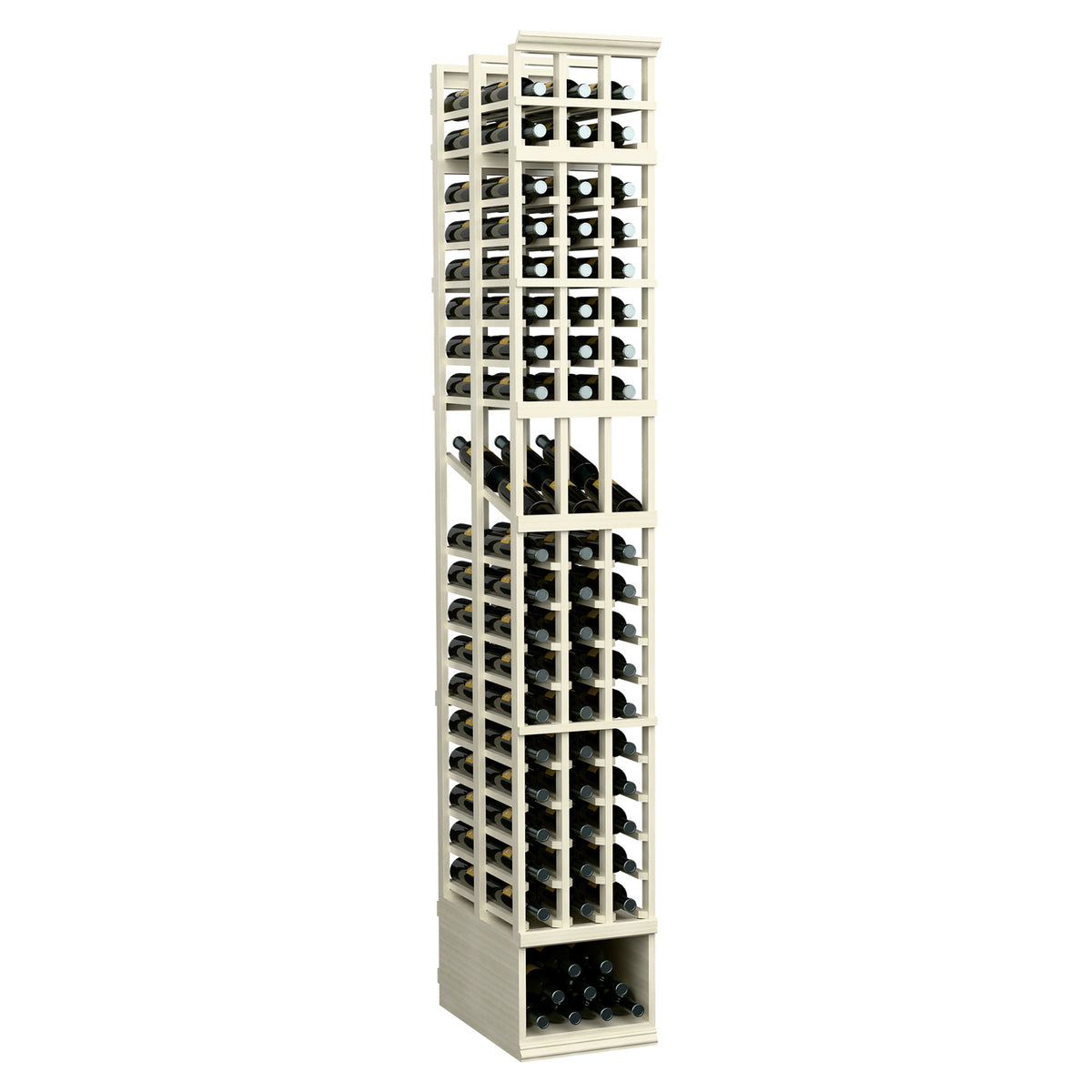 3-column double-deep wine display rack with open bottle cubbies, pale wood and white frame