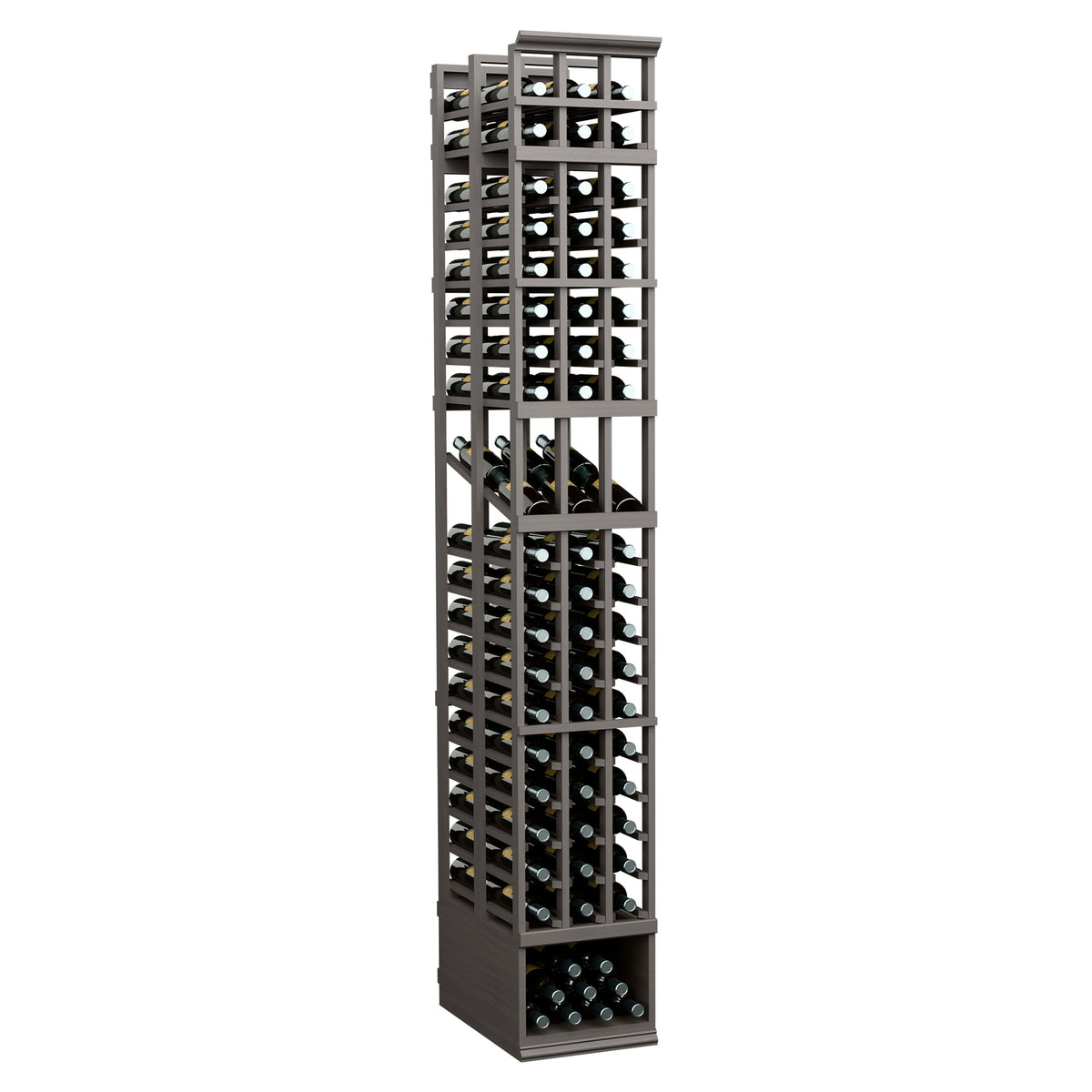 Dark-finished wine display rack with three double-deep columns for bottle storage