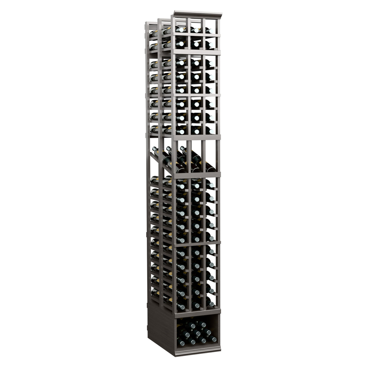 Dark wine display rack with three double-deep columns of bottle slots and cubbies