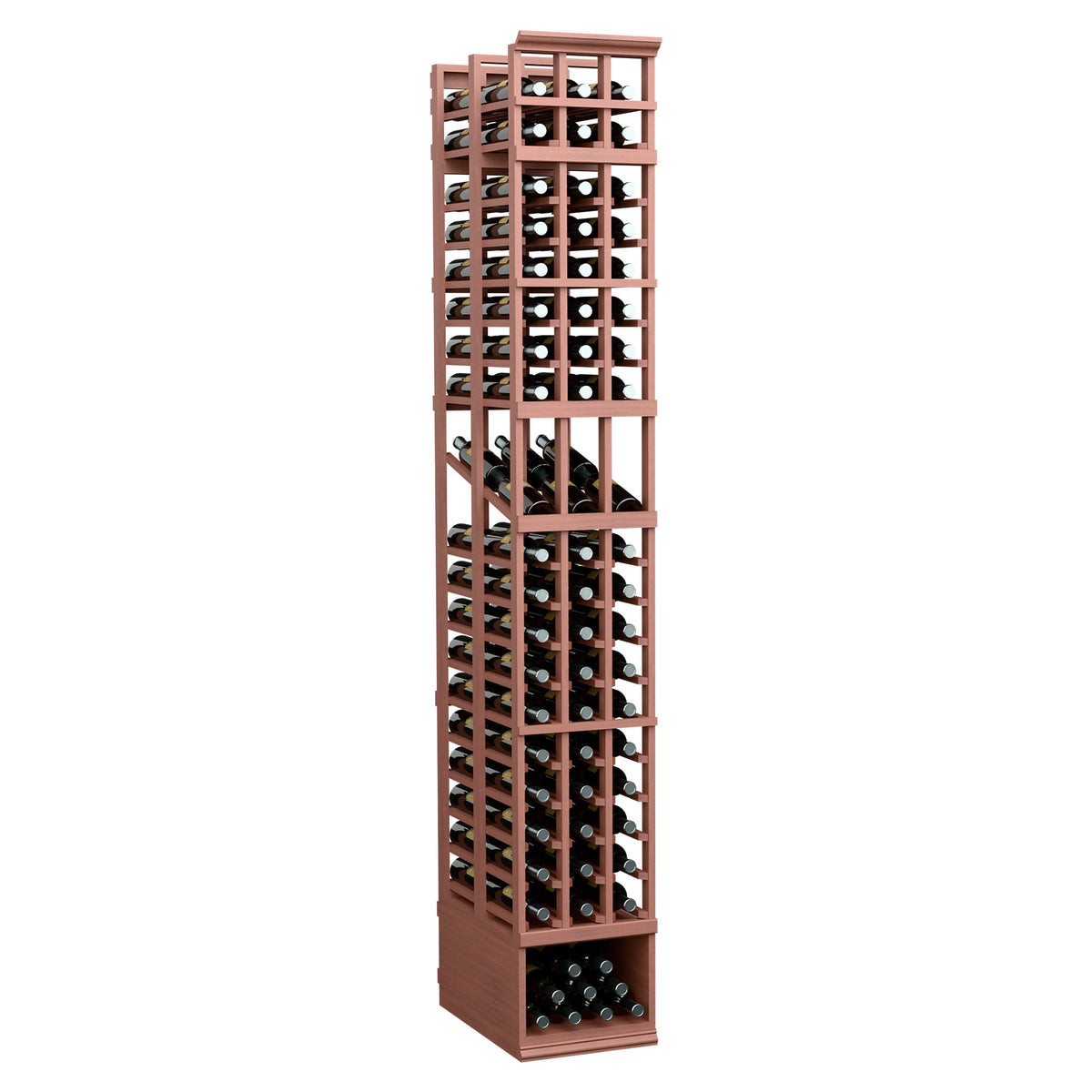 Red-toned wood wine display rack with three double-deep columns and bottle slots
