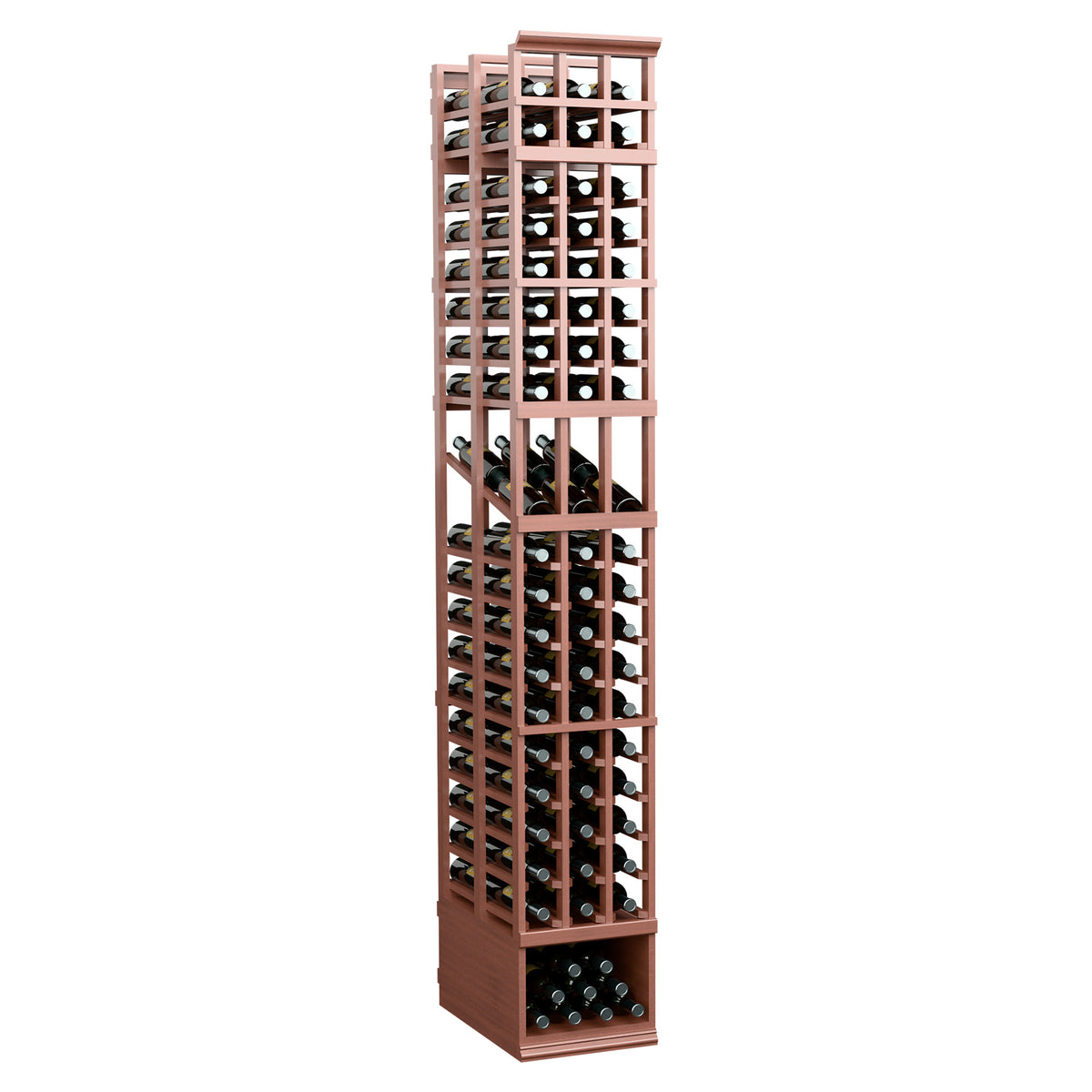 Red wood wine rack with three double-deep columns, glass bottle slots, and base tray