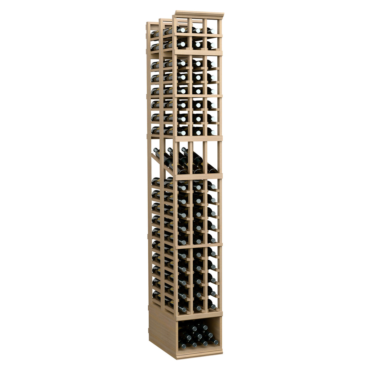 Light natural wood wine display rack with three double-deep columns and bottle slots