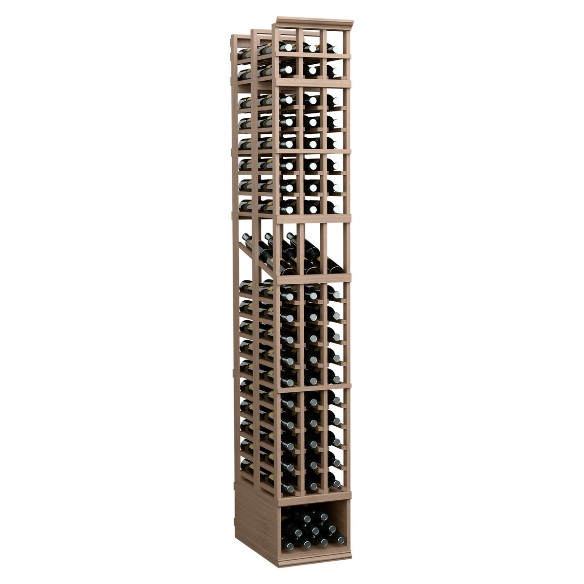 Honey-toned wood wine display rack with three double-deep columns and bottle storage