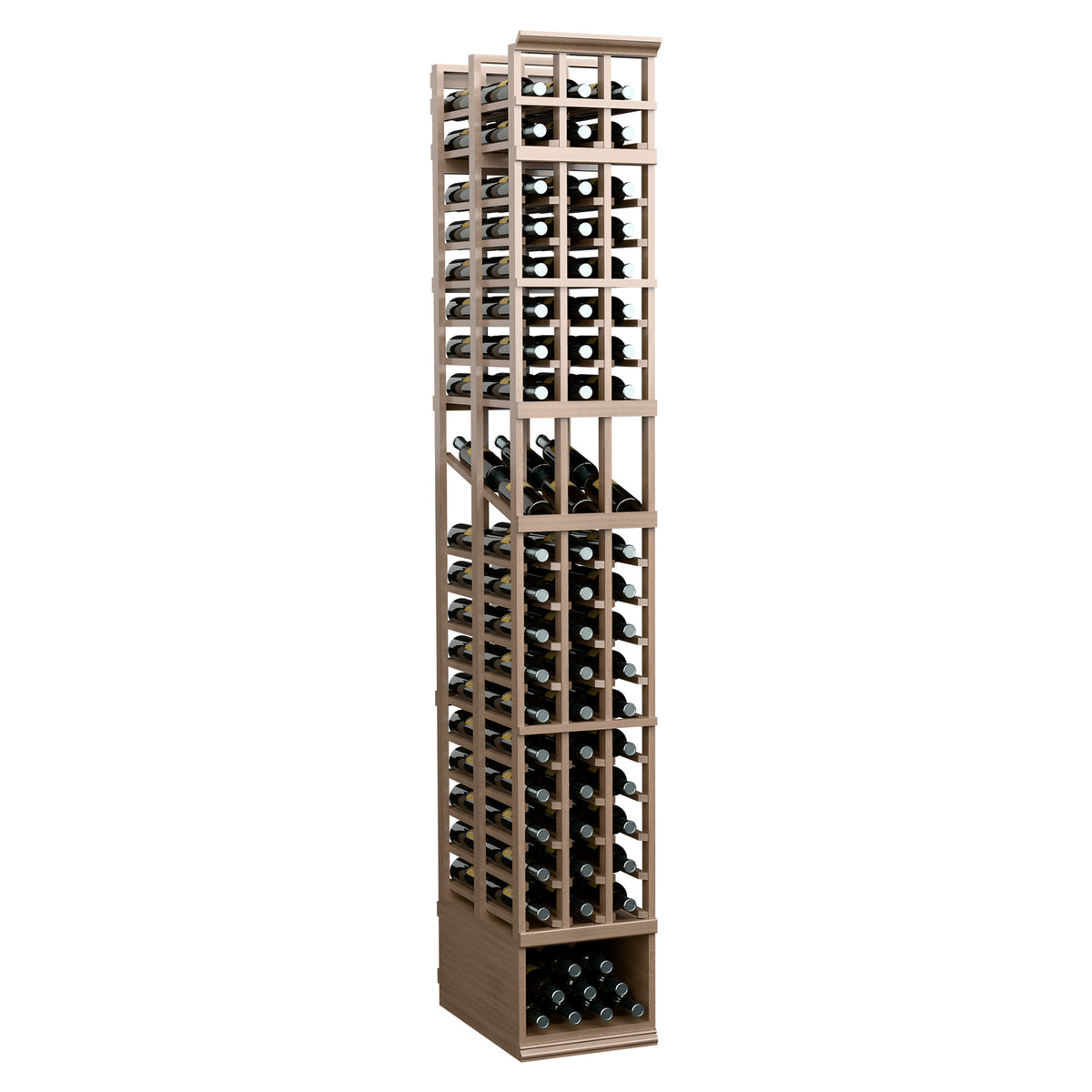 Honey wood wine rack with three double-deep columns and bottle slots across tiers