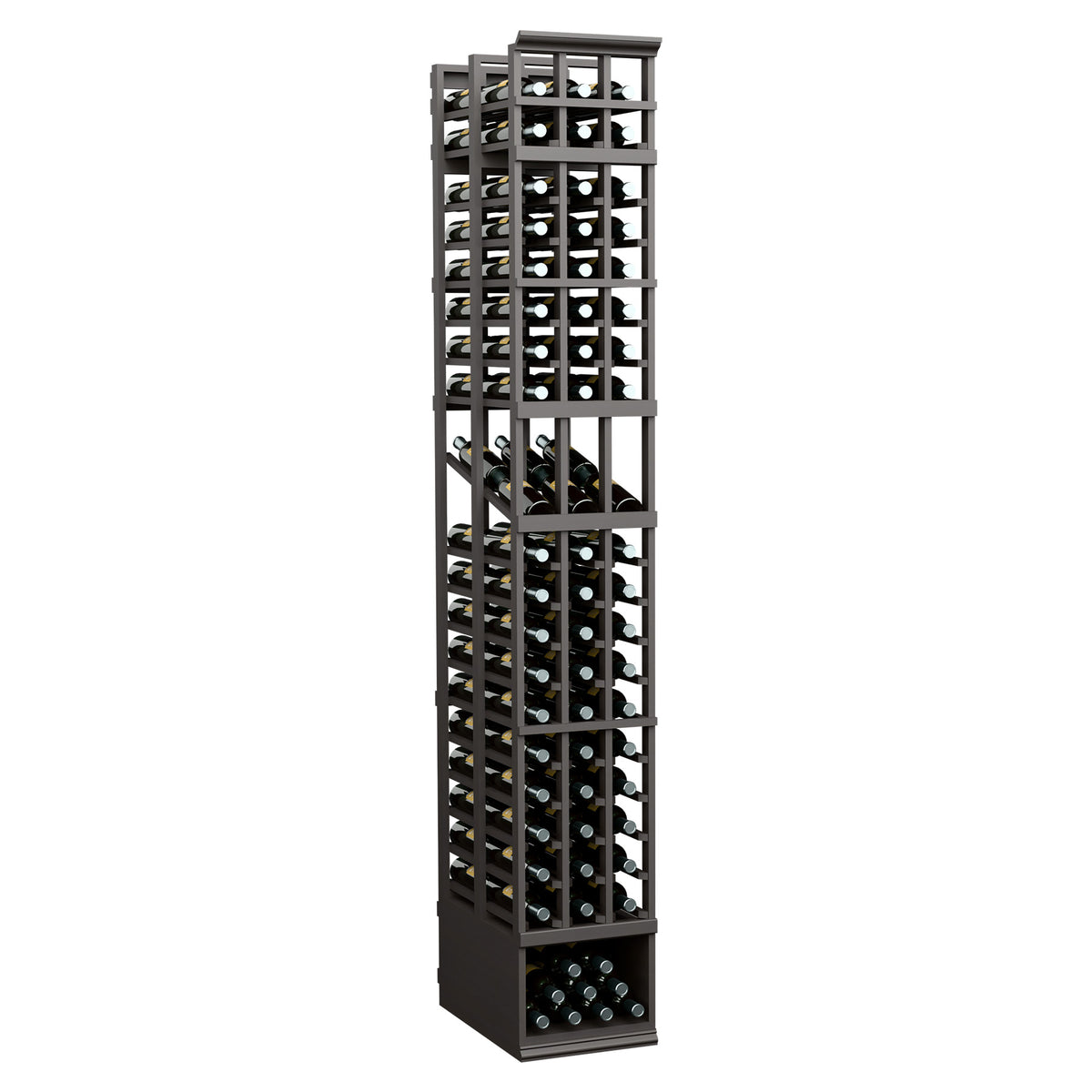 Dark-finished wine display rack with three double-deep columns of bottle slots