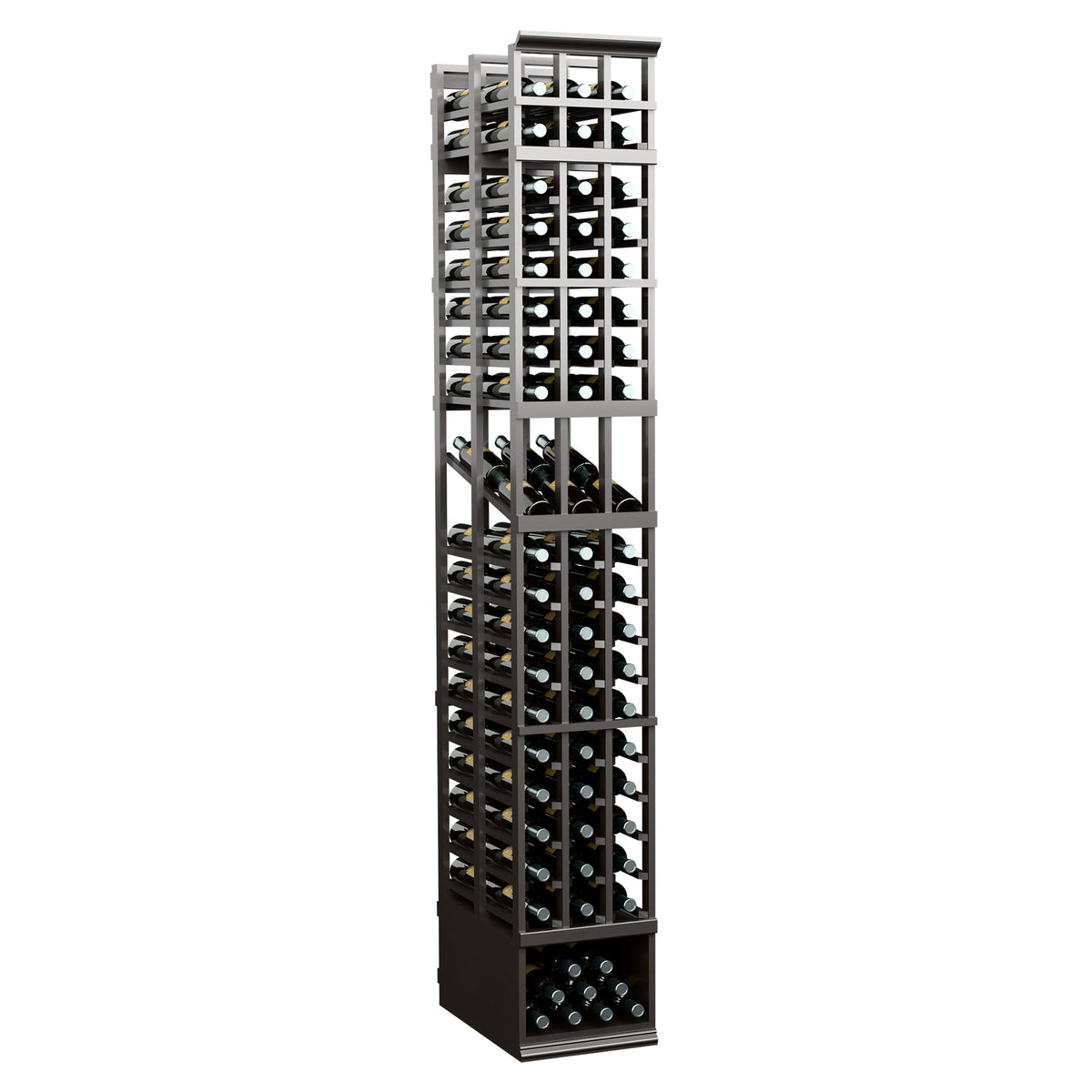 Dark wine display rack with three double-deep columns and small bottle base storage