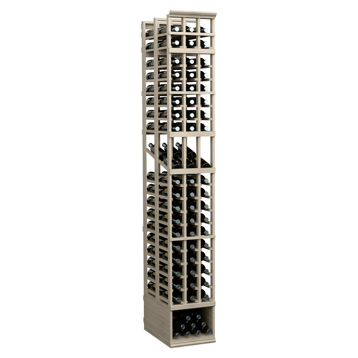 Three-column double-deep wine display rack, light wood with dark metal bottle slots