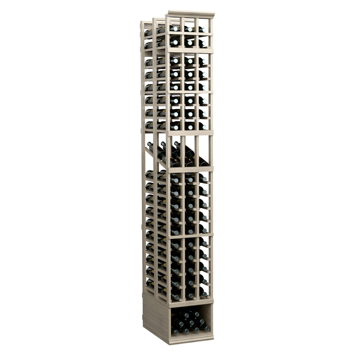 Three-column double-deep wine display rack, light wood frame with dark interior bottle rows