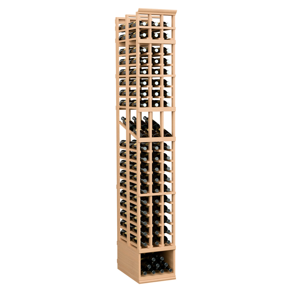 Three-column double-deep wine display rack, natural wood with light bottle cradles