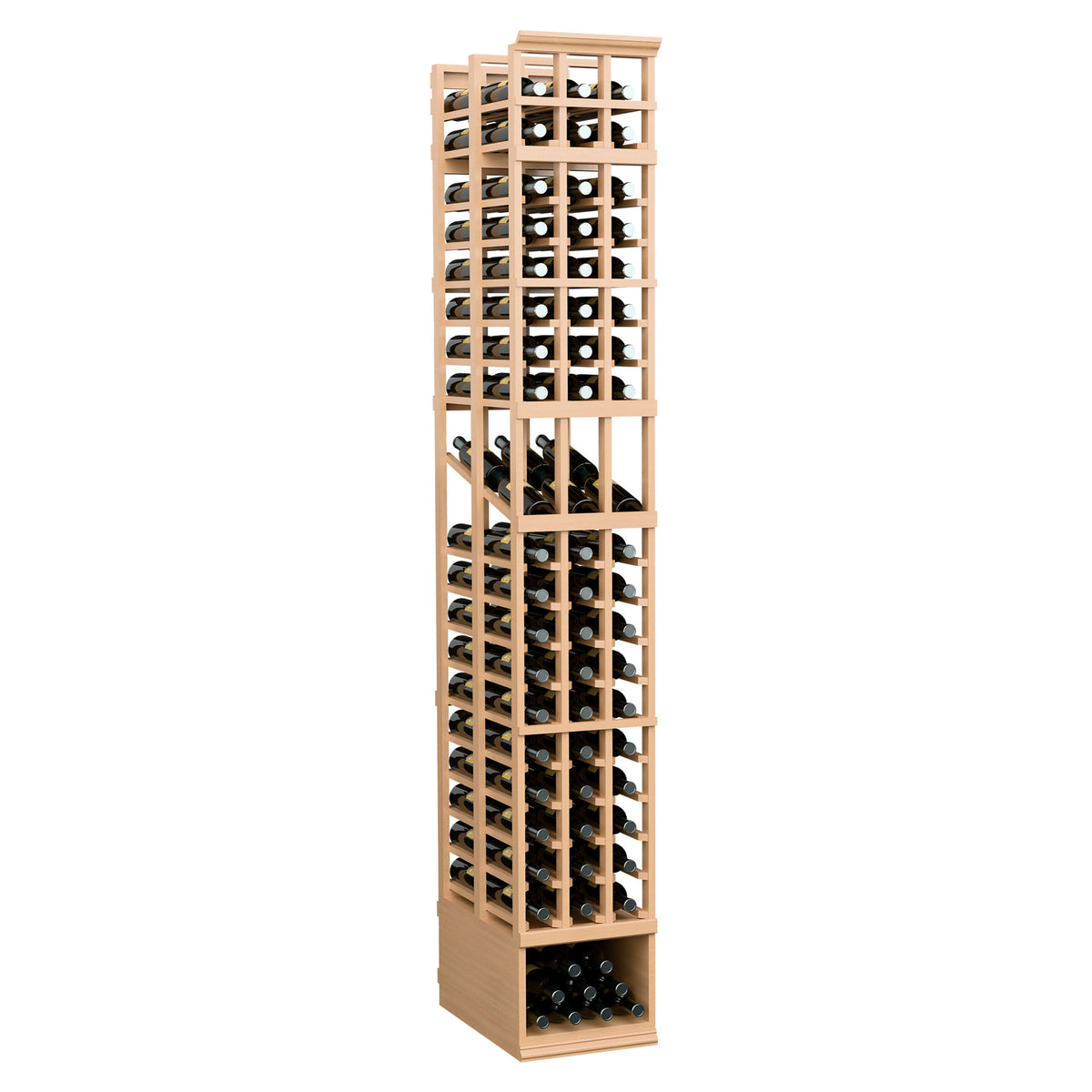 Three-column double-deep wine display rack, light wood frame with open bottle display slots