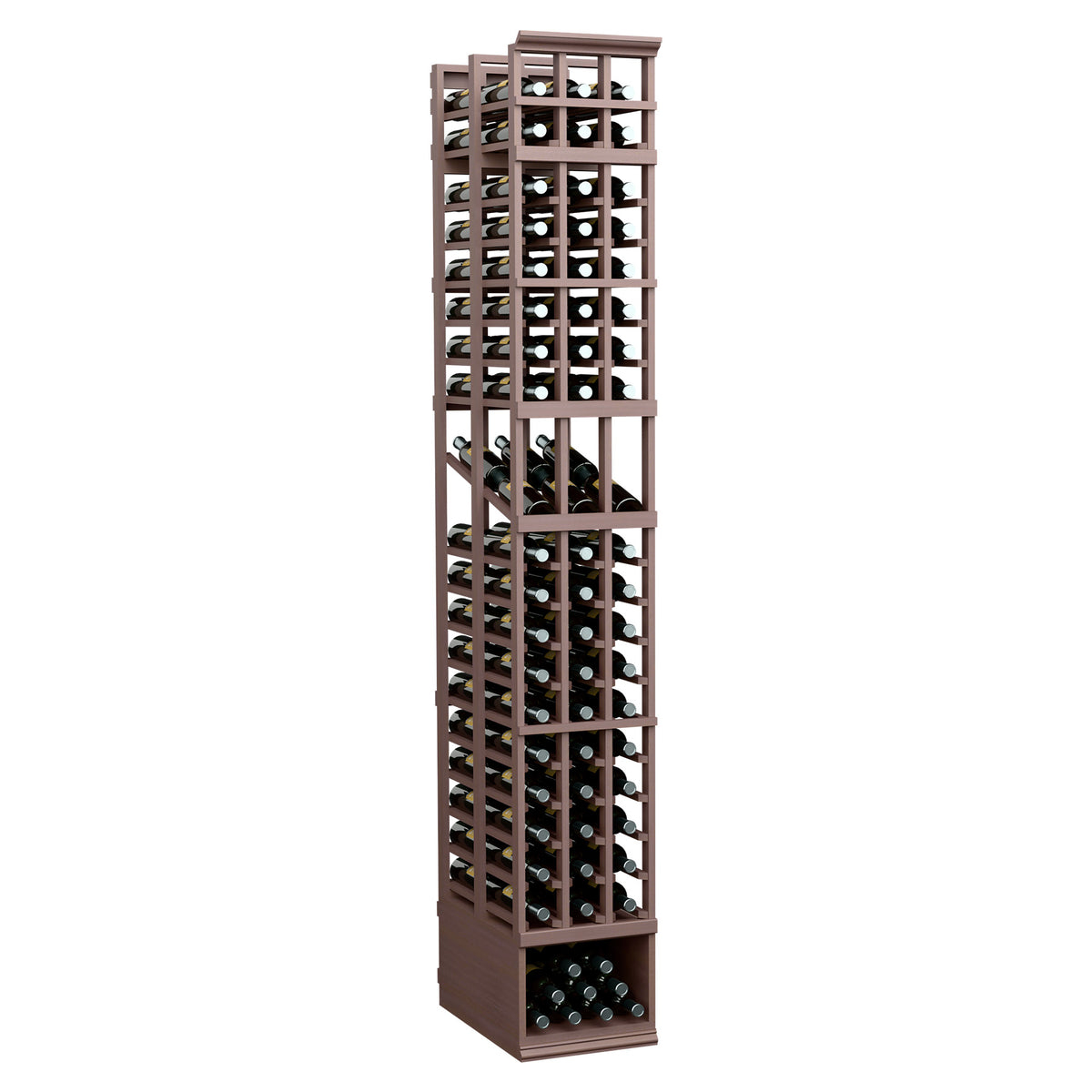 Three-column double-deep wine display rack, dark wood with black metal bottle compartments