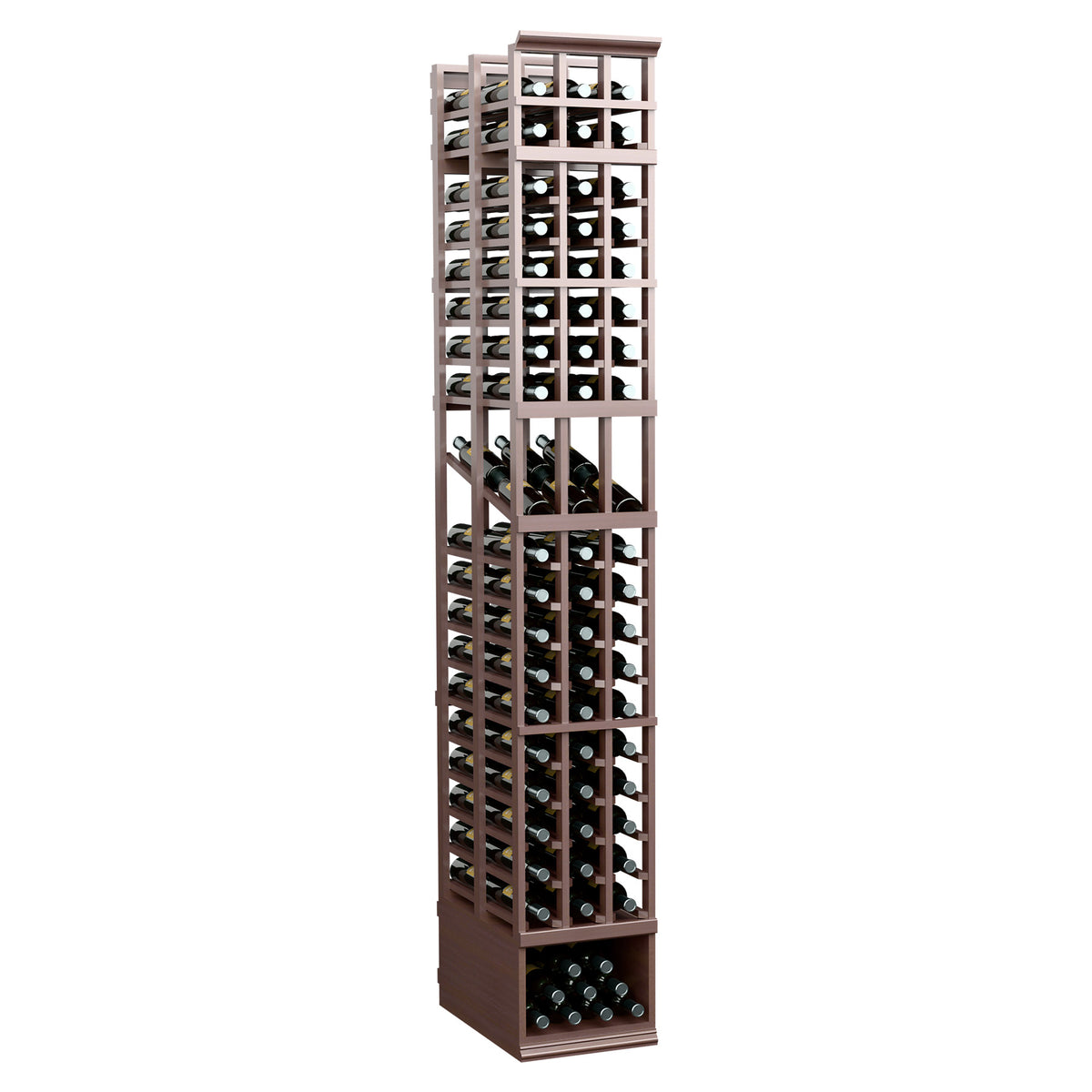 Three-column double-deep wine display rack, dark wood with open front bottle storage