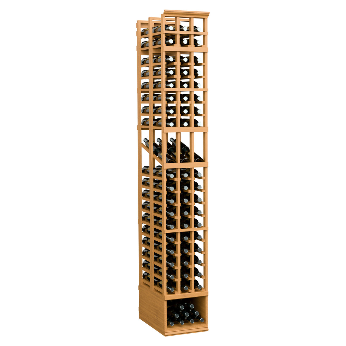 Three-column double-deep wine display rack, warm light wood with bottle compartment grid