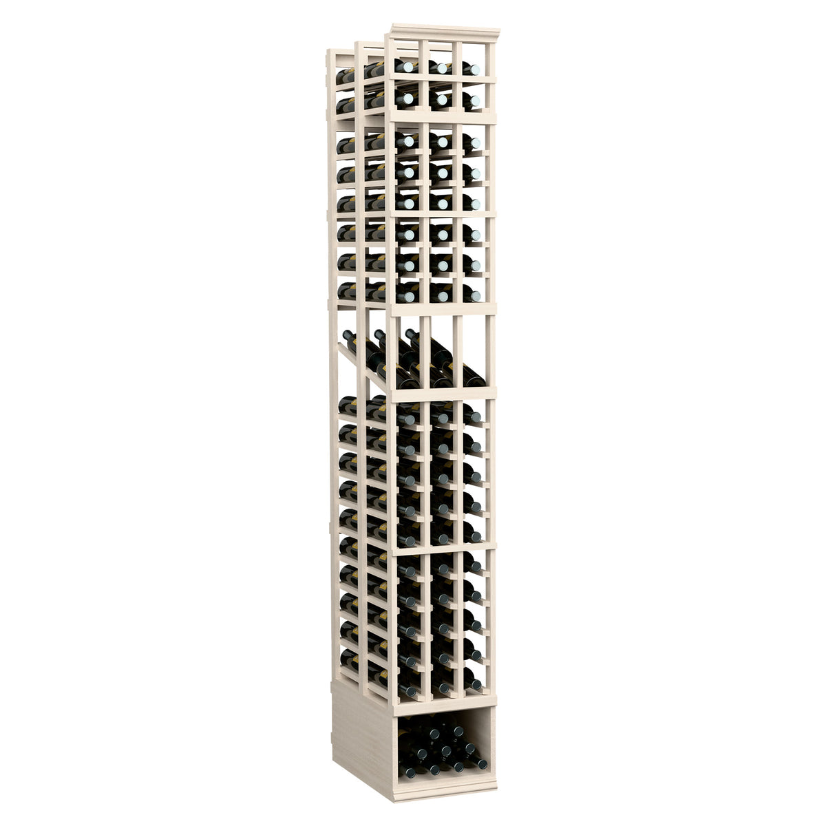 Three-column double-deep wine display rack, pale wood with dark metal bottle slots