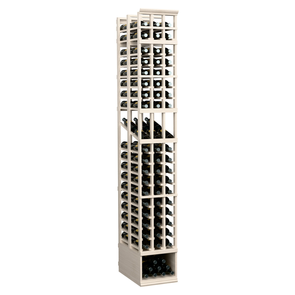 Three-column double-deep wine display rack, pale wood frame with grid-style bottle openings