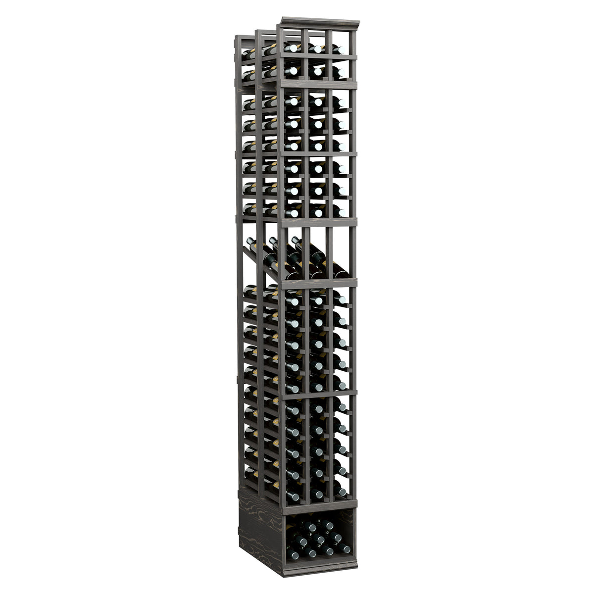 8ft double-depth wine bottle display rack with black frame and open grid shelves