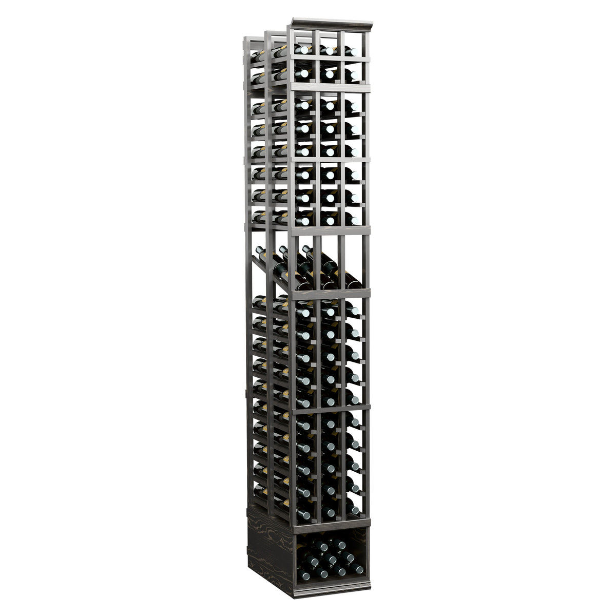 8ft double-depth wine bottle display rack with dark frame and open front wine slots