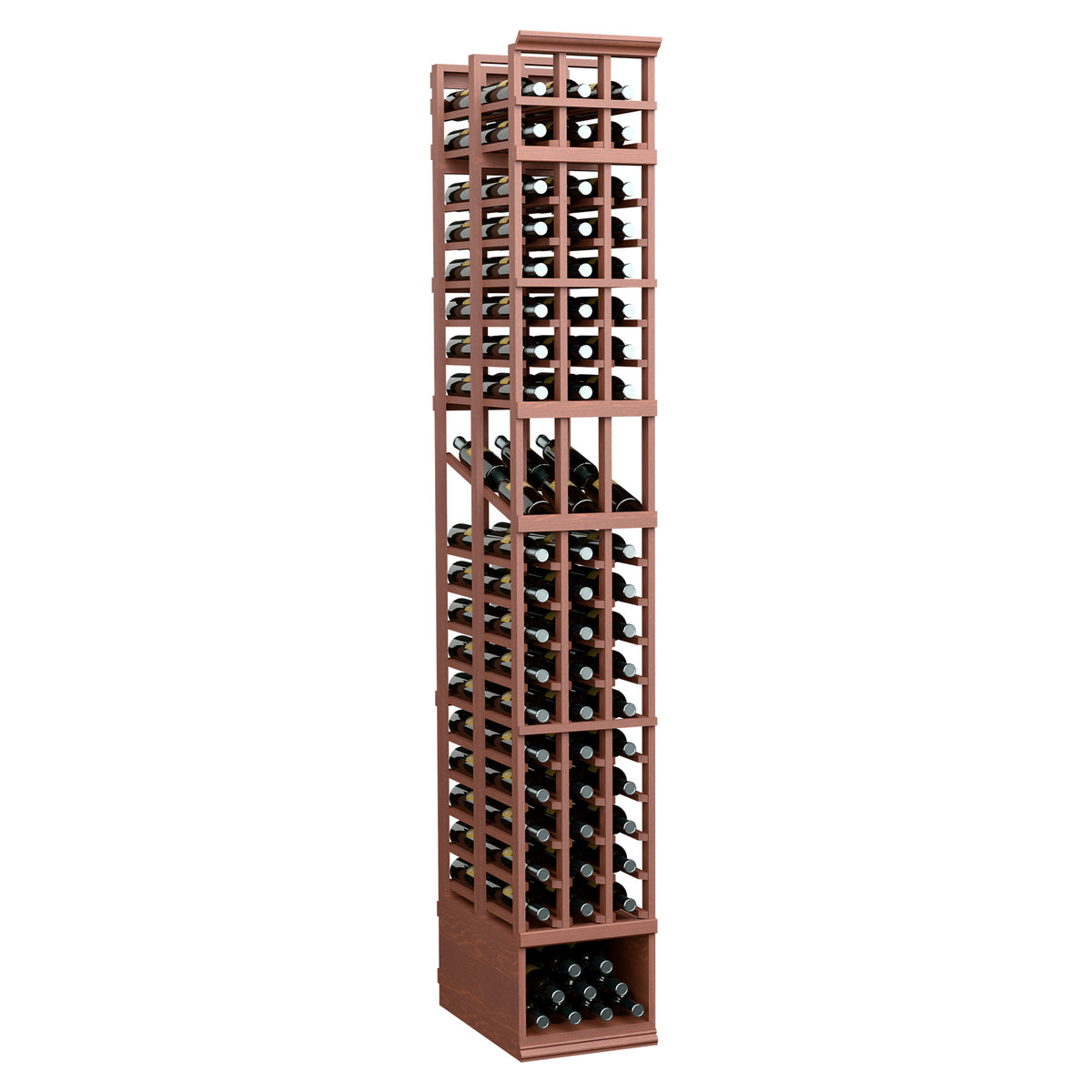 8ft double-depth wine bottle display rack with reddish wood frame and open bottle slots