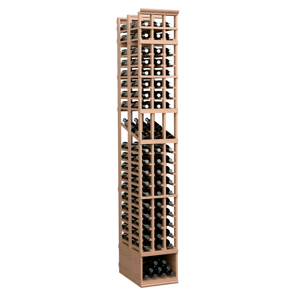 8ft double-depth wine bottle display rack with light wood frame and open grid bottle rows