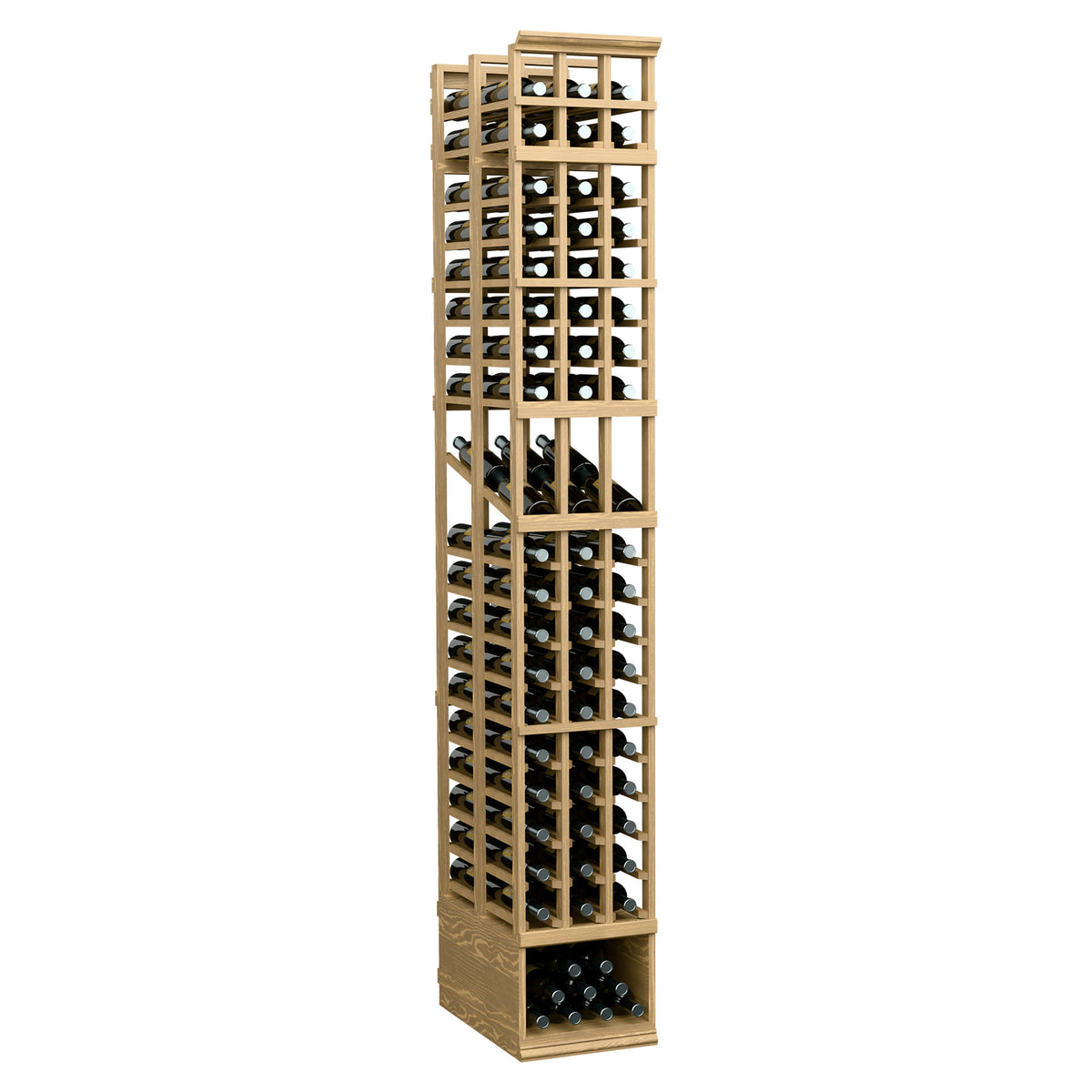 8ft double-depth wine bottle display rack with tan wood frame and stacked open wine slots