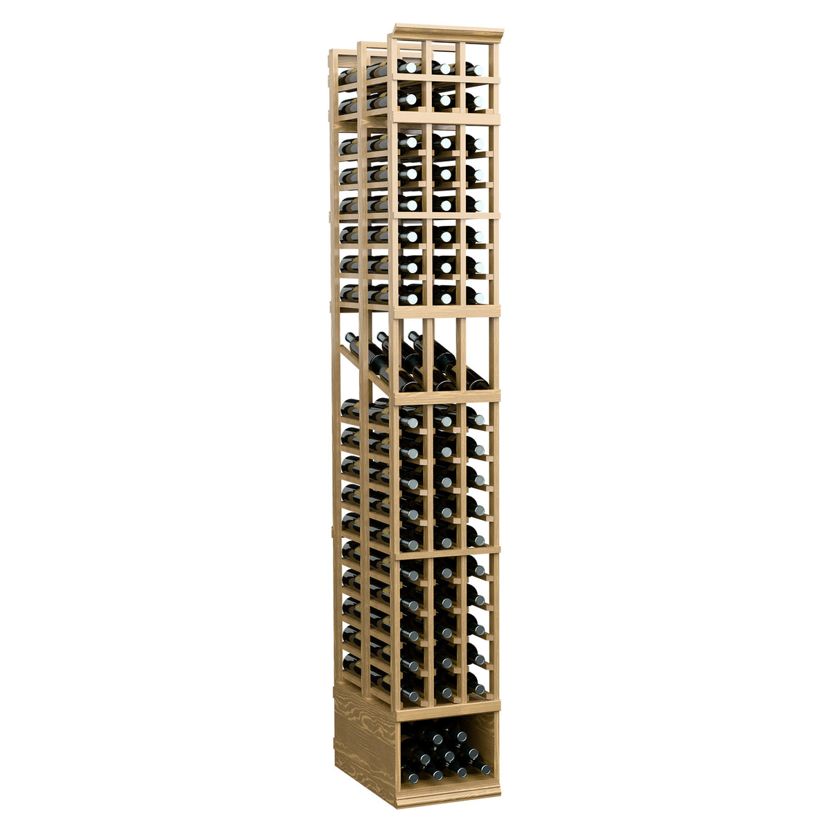 8ft double-depth wine bottle display rack with natural wood frame and open bottle holders