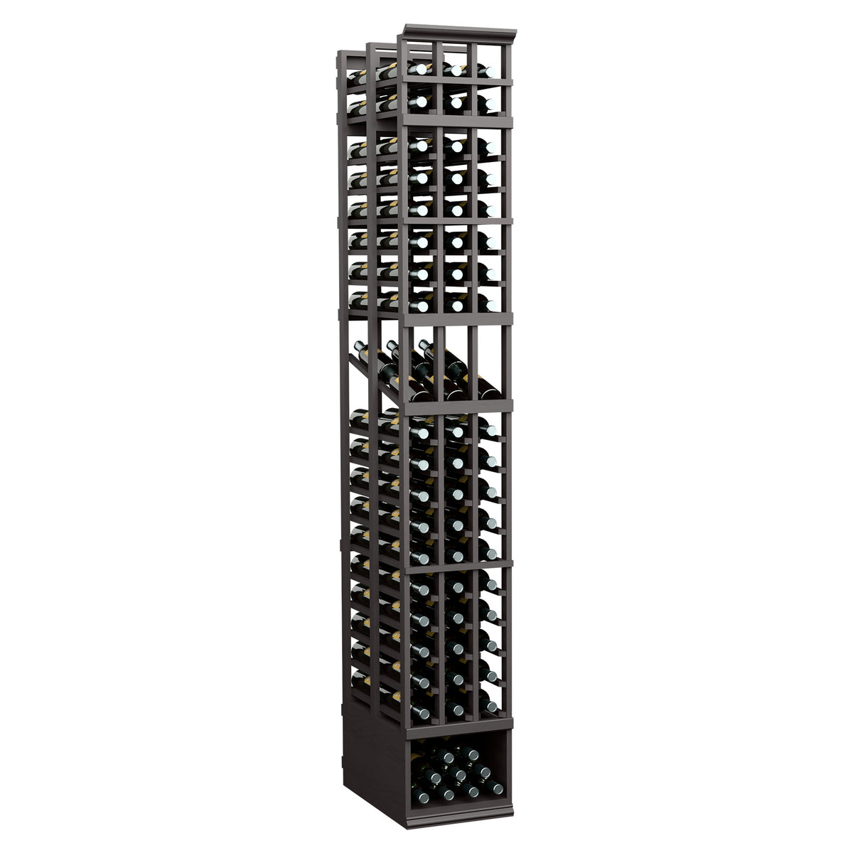 8ft double-depth wine bottle display rack with dark frame and open grid wine slots