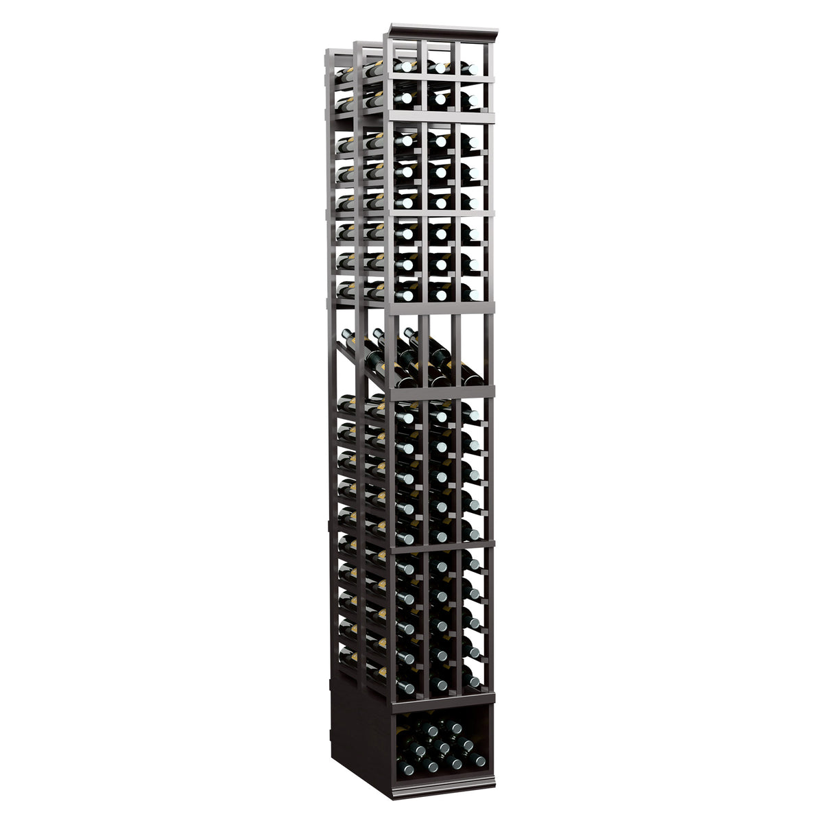 8ft double-depth wine bottle display rack with black frame and front-facing bottle rows