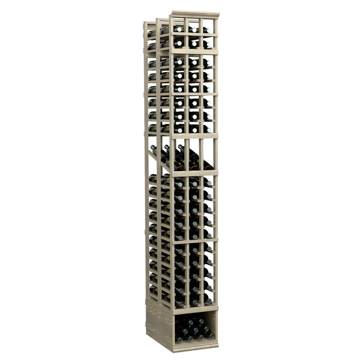 3-column double deep wine display rack with glass-front bottle storage, light finish