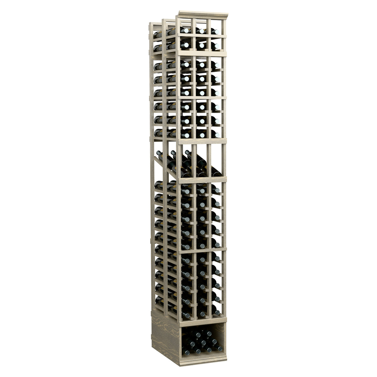 3-column double deep wine display rack with bottle cradles, light wood frame