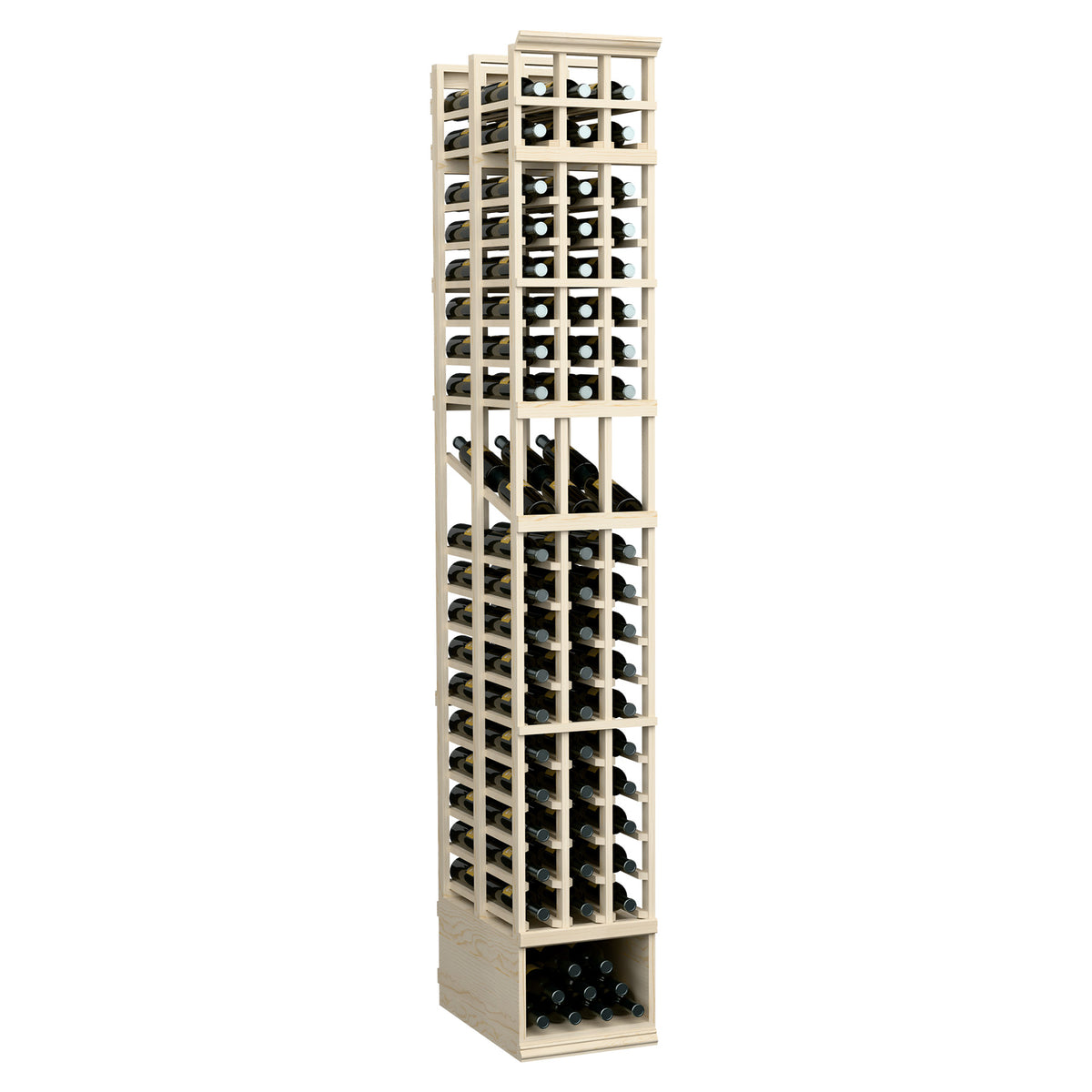 3-column double deep wine display rack with bottle slots and grid supports, light wood