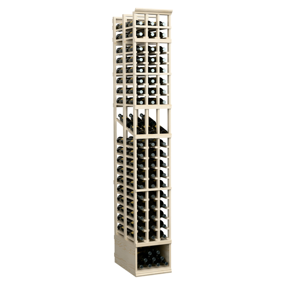 3-column double deep wine display rack with front-access bottle slots, light frame