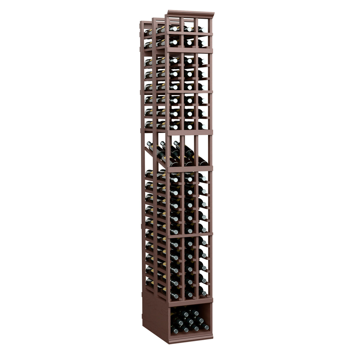 3-column double deep wine display rack with bottle cradles, dark brown stained frame