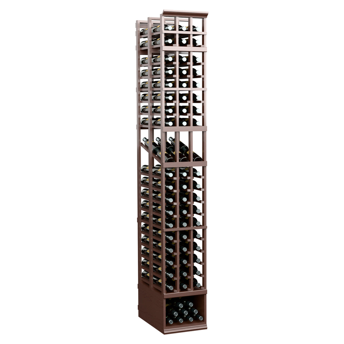 3-column double deep wine display rack with wine bottle cells, dark brown wood frame