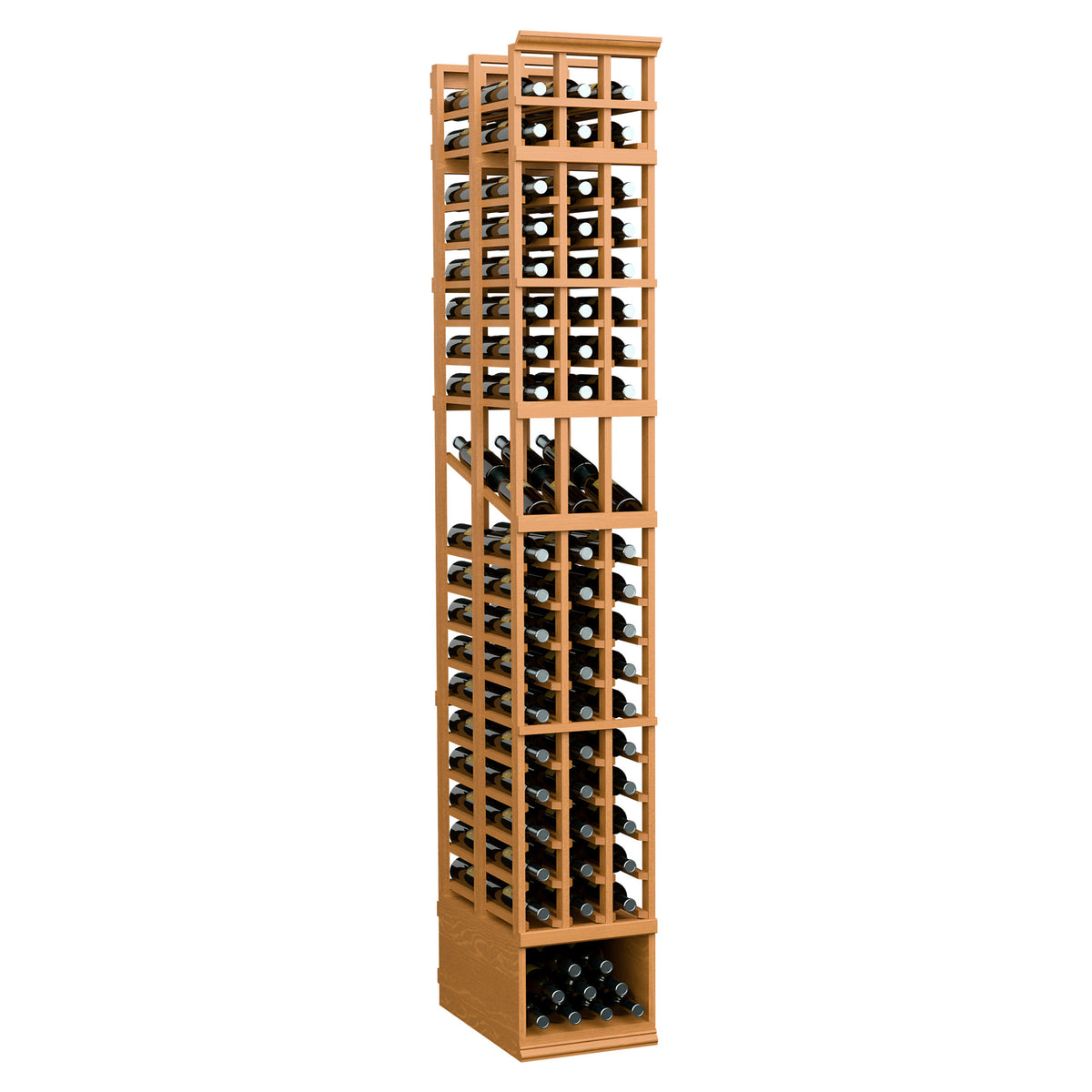 3-column double deep wine display rack with bottle slots, warm wood honey finish
