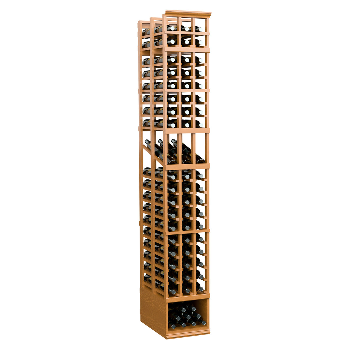 3-column double deep wine display rack with bottle cradles, warm natural wood frame
