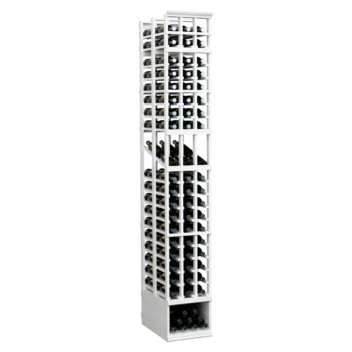3-column double deep wine display rack with bottle storage, white-painted frame