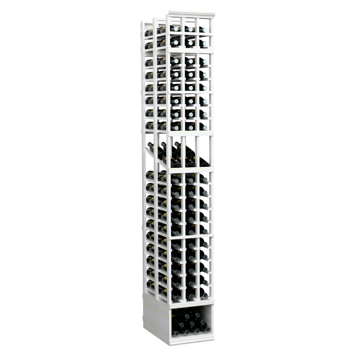 3-column double deep wine display rack with bottle cradles, white wood frame