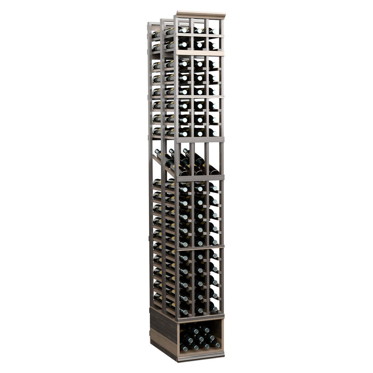 Three-column double-deep wine bottle display rack with black metal frame and wood base.