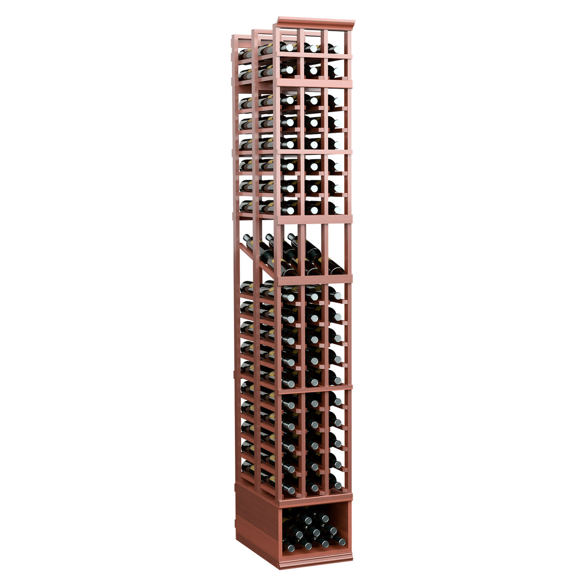 Three-column double-deep wine bottle display rack with reddish-brown frame and wood base.