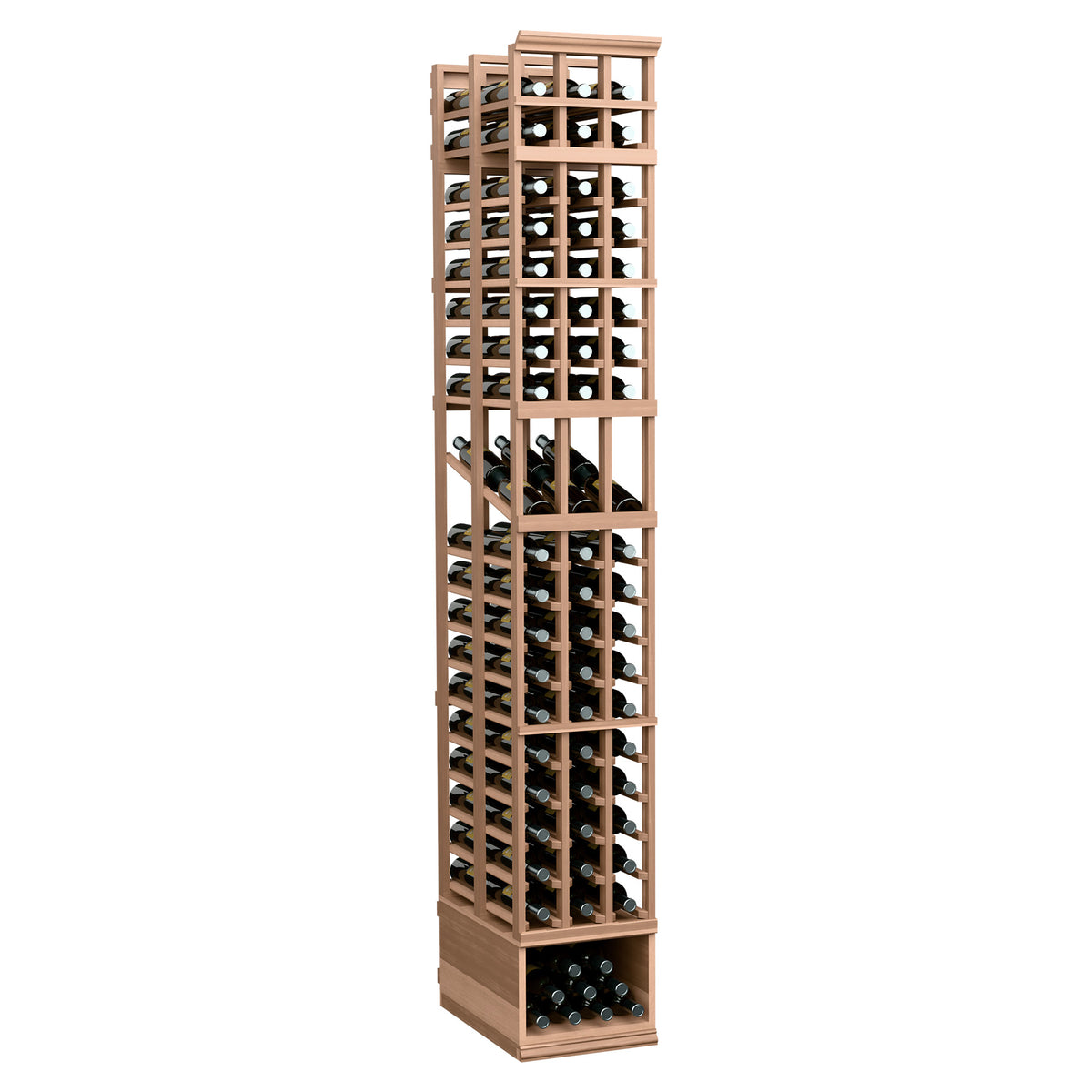 Three-column double-deep wine bottle display rack with light wood frame and black metal.