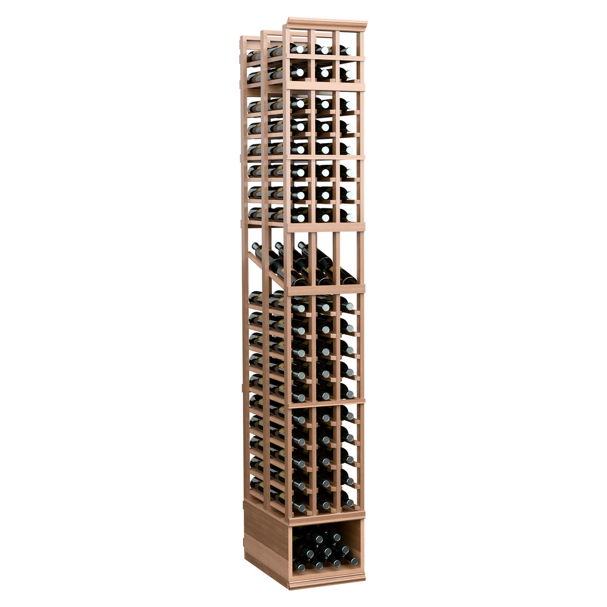 Three-column double-deep wine bottle display rack with light wood and black metal frame.