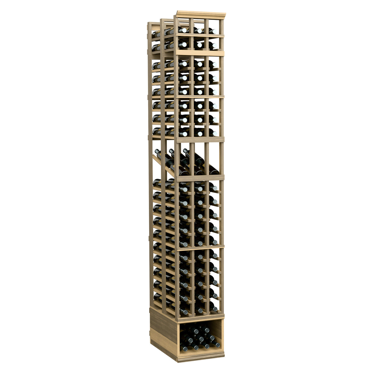 Three-column double-deep wine bottle display rack with light wood frame and wine cubbies.