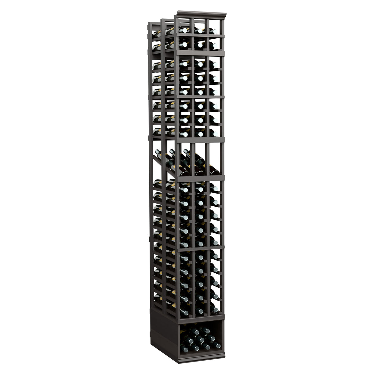 Three-column double-deep wine bottle display rack with dark metal frame and wood base.