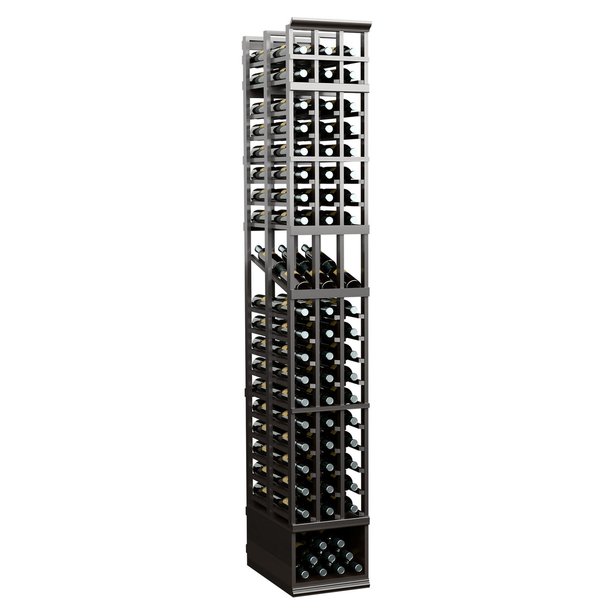 Three-column double-deep wine bottle display rack with black metal frame and wood base.