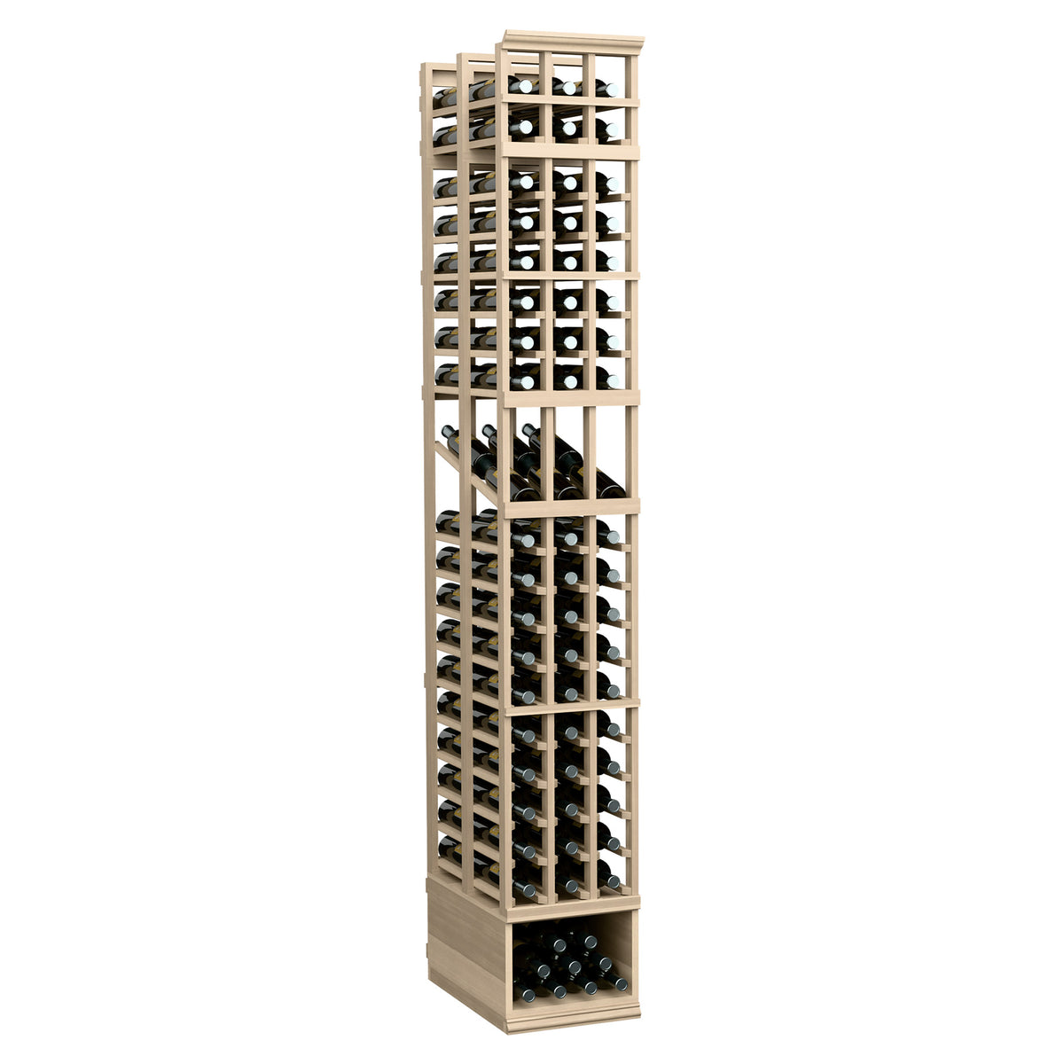 3-column double-deep wine bottle display rack, light wood frame with front bottle rows