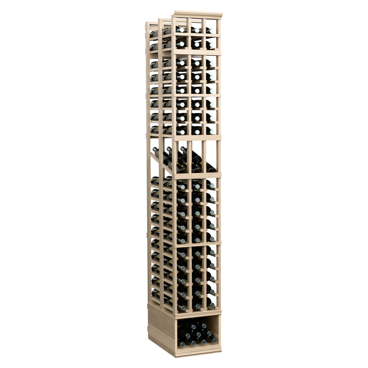 3-column double-deep wine bottle display rack, light wood frame and wine bottle openings