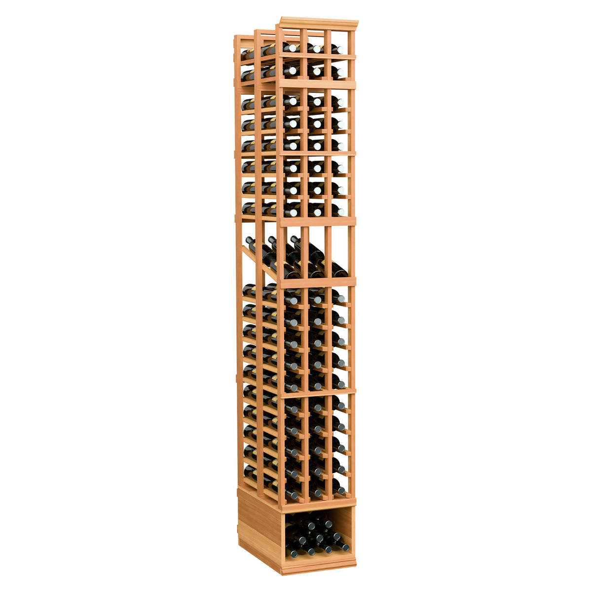 3-column double-deep wine bottle display rack, warm wood frame with two-deep bottle slots