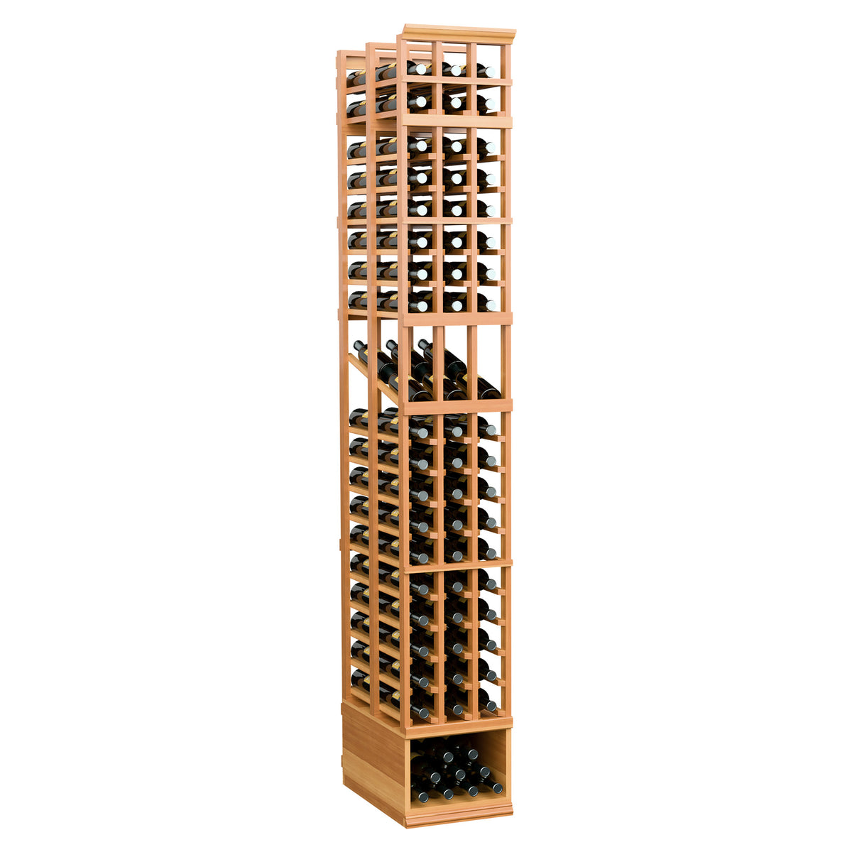 3-column double-deep wine bottle display rack, warm wood frame and front glass bottle holders