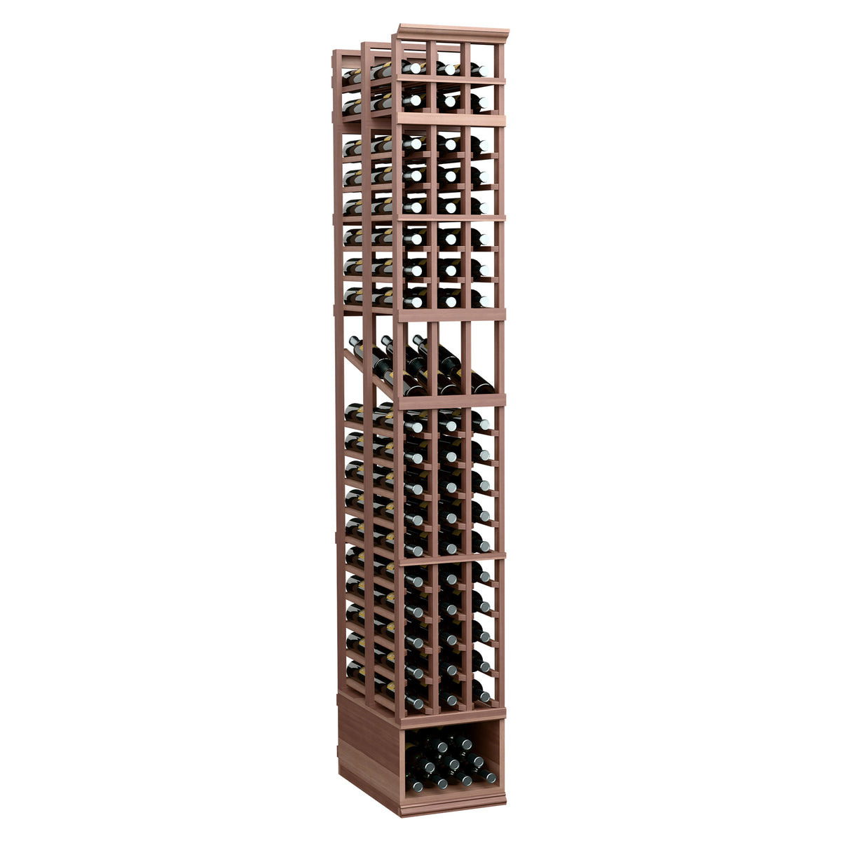 3-column double-deep wine bottle display rack, dark wood frame with stacked bottle compartments