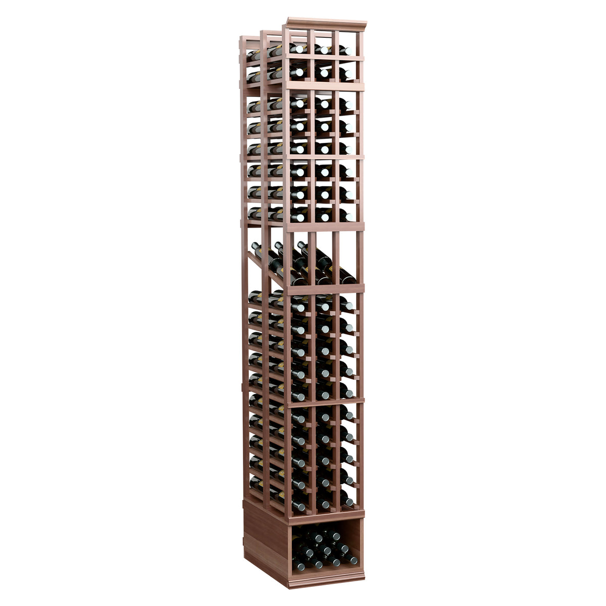 3-column double-deep wine bottle display rack, dark stained wood frame with wine bottle openings